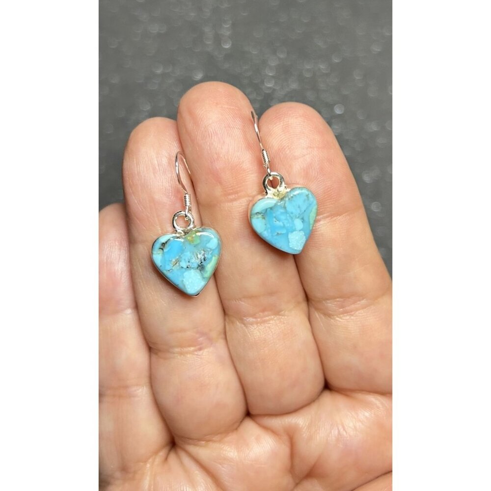 Navajo Sterling Silver Genuine Turquoise Handmade Heart Dangle Earrings